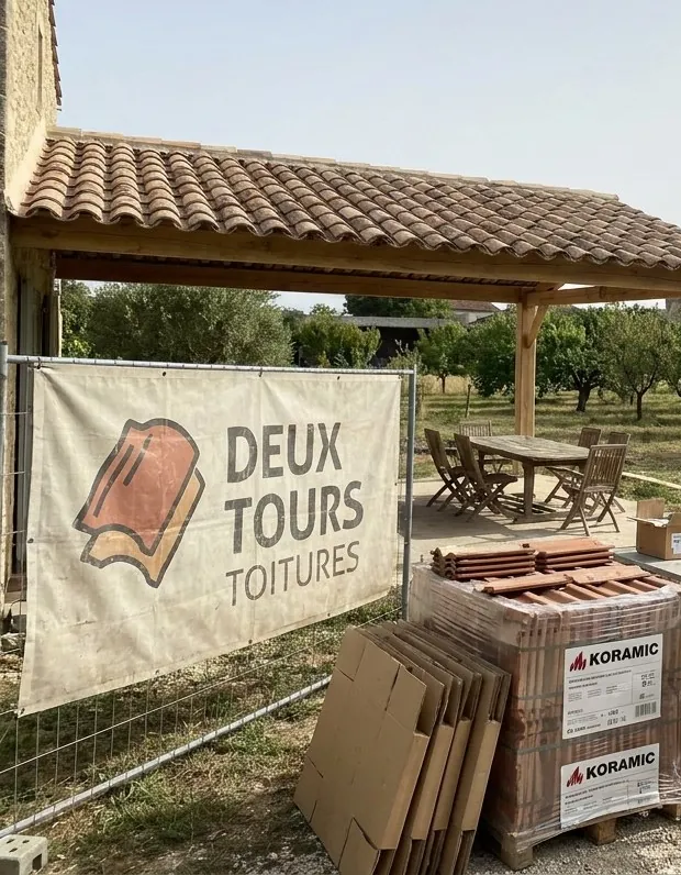 Bâche Deux Tours Toitures accrochée au grillage devant un auvent neuf en tuiles canal, palette de tuiles Koramic, à Châteaurenard