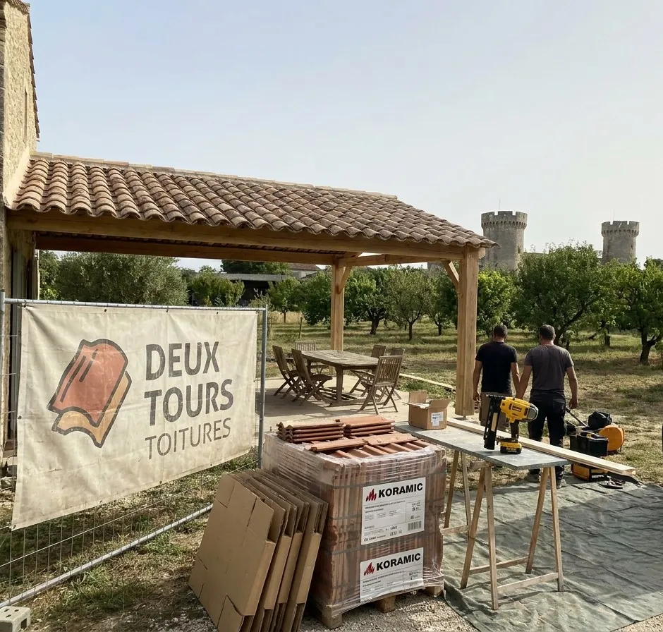 Chantier Deux Tours Toitures à Châteaurenard : bâche au grillage, palette de tuiles neuves, auvent en tuiles canal, vergers et tours du château